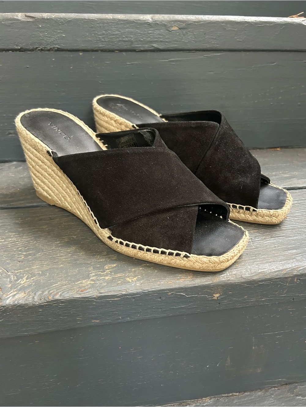 Vince “Gaelan” Square  Toe Crisscross Espadrille Wedge Sandals